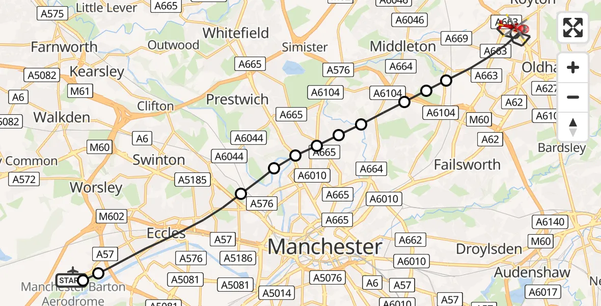 Flight route Air Ambulance Helicopter Manchester Barton Aerodrome - Chadderton, 24 April 2026, 13:36