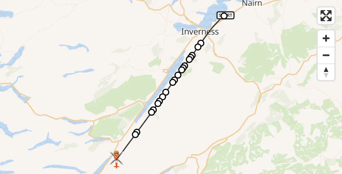 Flight path map showing Coastguard Helicopter route from Inverness Airport to Highland