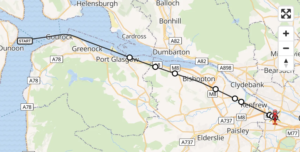Flight path map showing Air Ambulance Helicopter route from Inner Seas to Queen Elizabeth Hospital