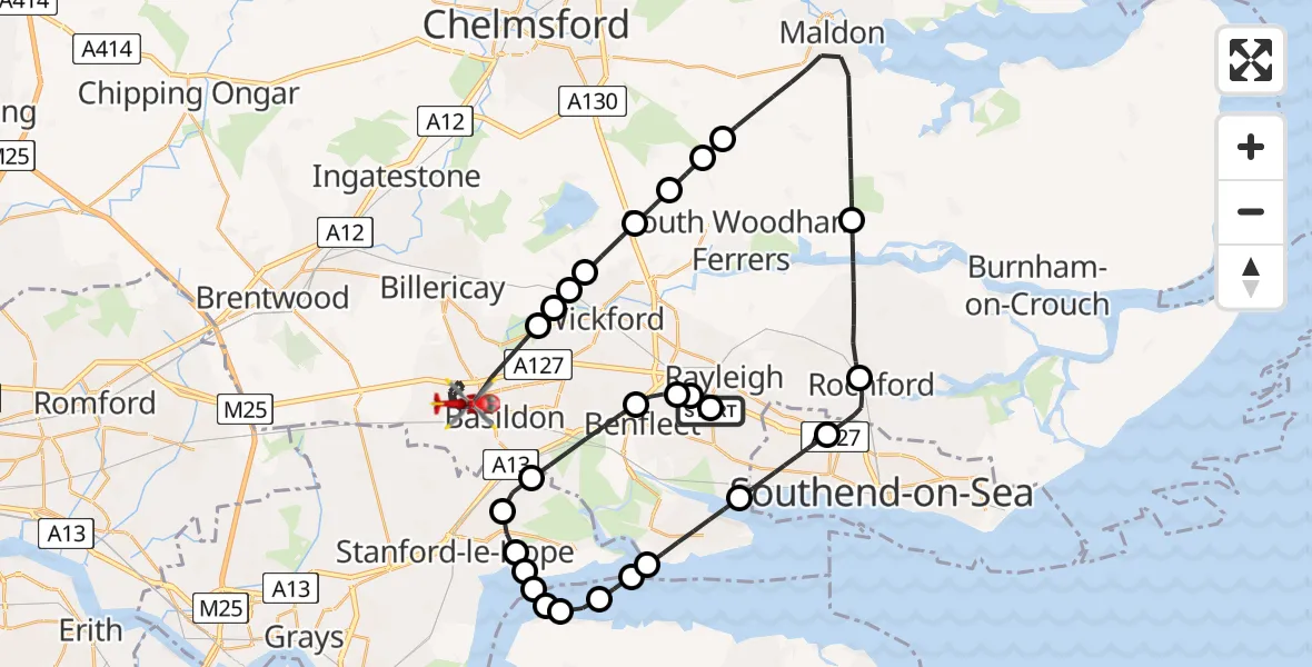 Flight path map showing Air Ambulance Helicopter route from Hadleigh to Basildon