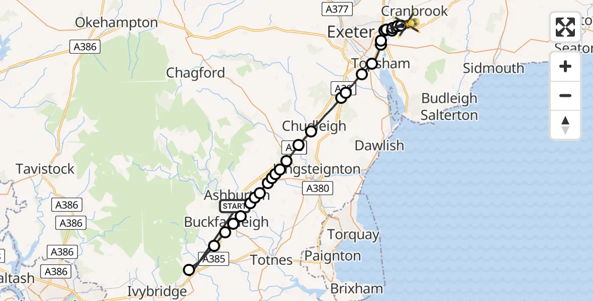 Flight path map showing Police Helicopter route from South Hams to Exeter International Airport