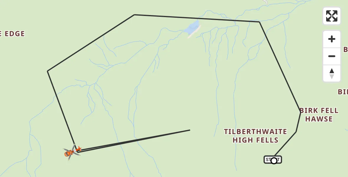 Flight path map showing Coastguard Helicopter route from Lakes to Coniston