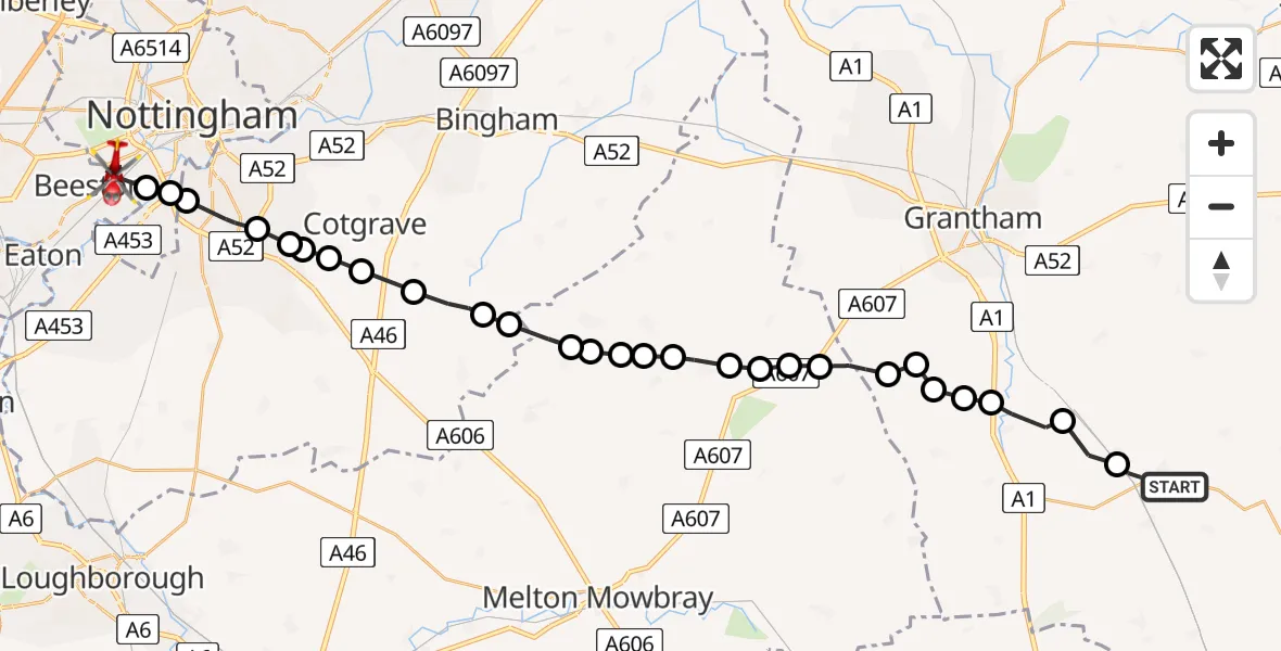 Flight path map showing Air Ambulance Helicopter route from Corby Glen to Beeston