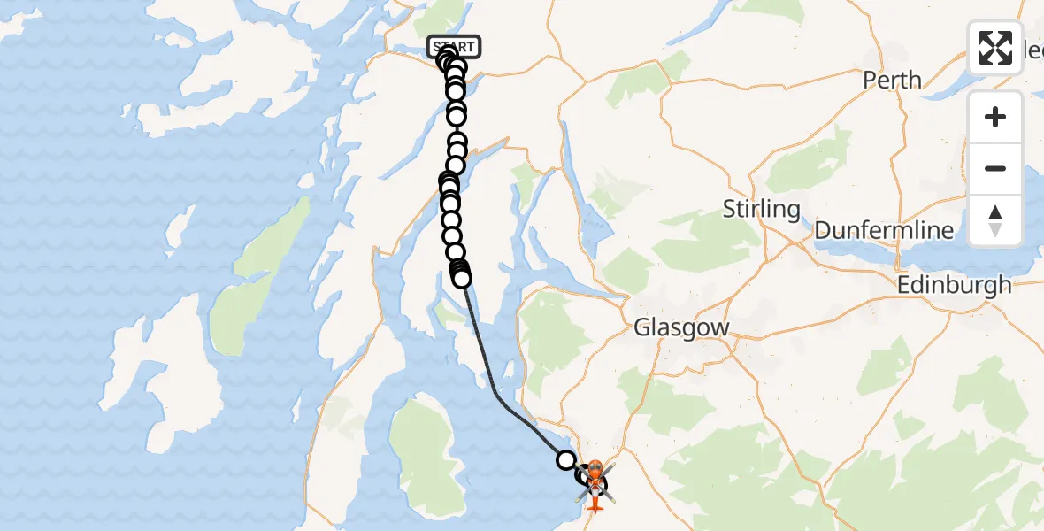 Flight path map showing Coastguard Helicopter route from Inverliver to Glasgow Prestwick Airport