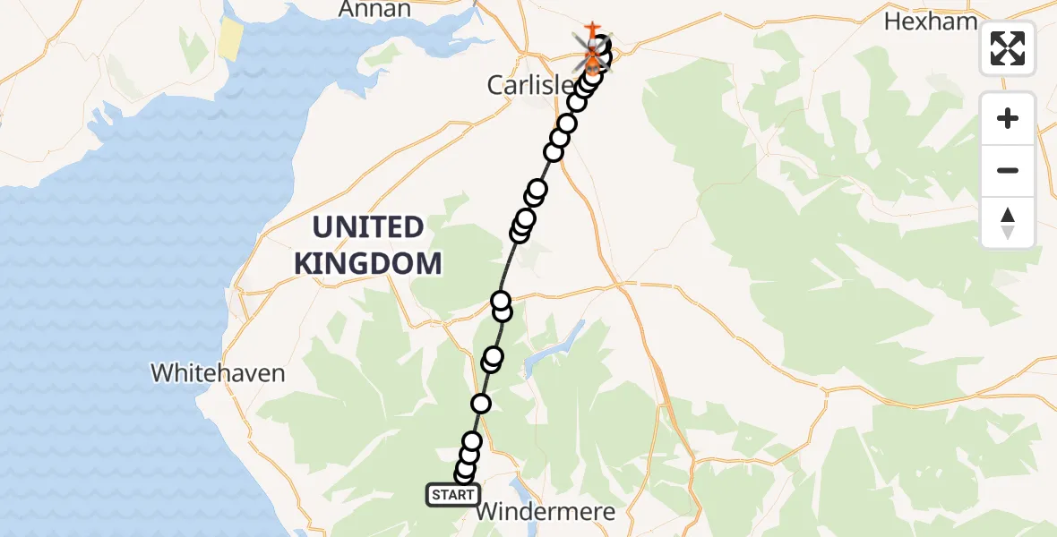 Flight path map showing Coastguard Helicopter route from Coniston to Carlisle Lake District Airport