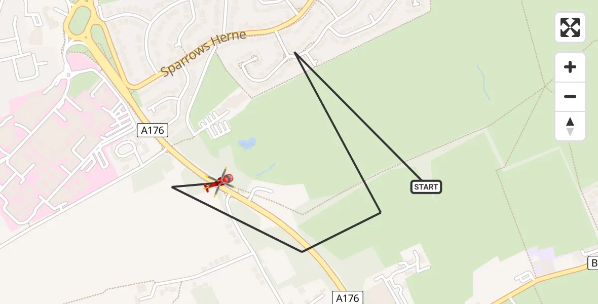 Flight path map showing Air Ambulance Helicopter route from Basildon to Basildon