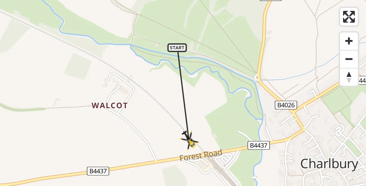 Flight path map showing Police Helicopter route from Charlbury to Charlbury
