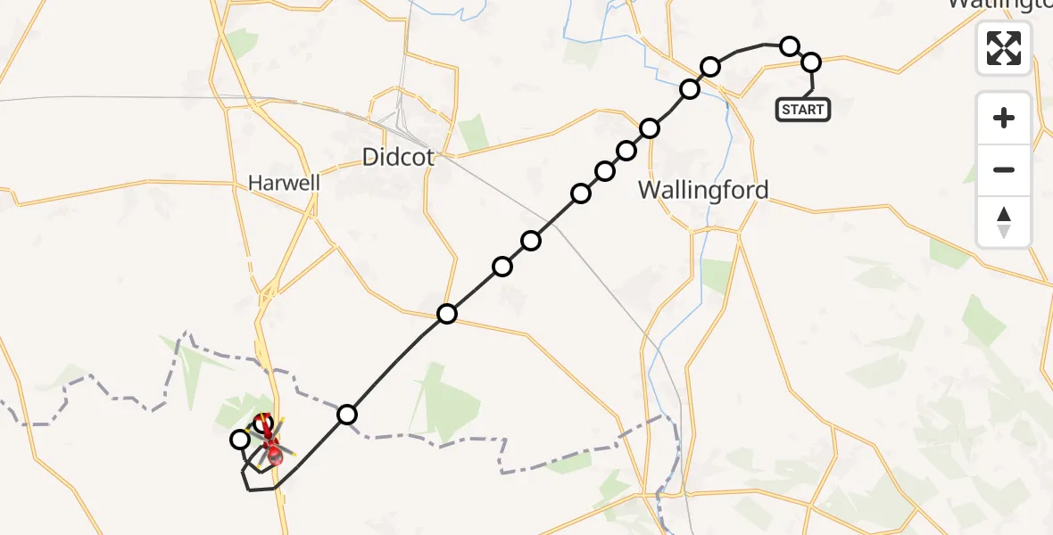 Flight path map showing Air Ambulance Helicopter route from RAF Benson to Chilton