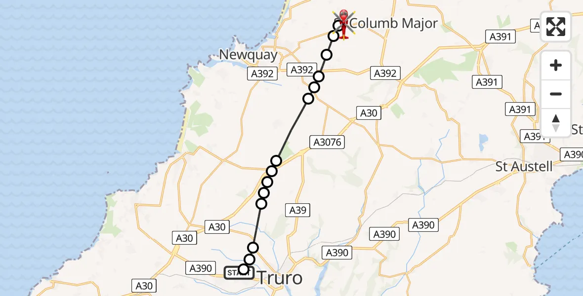 Flight path map showing Air Ambulance Helicopter route from Treliske Hospital to Cornwall Airport Newquay
