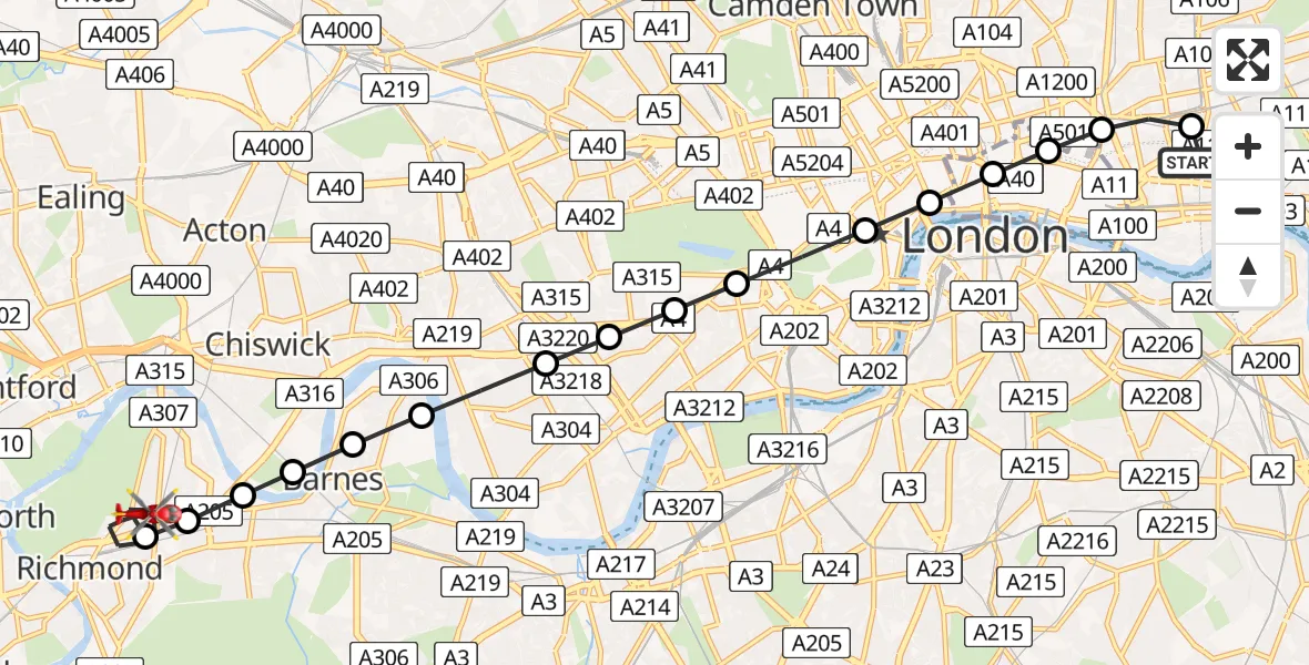 Flight path map showing Air Ambulance Helicopter route from Royal London Hospital to Kew