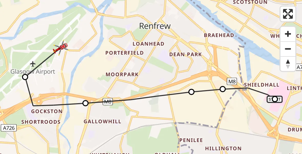 Flight path map showing Air Ambulance Helicopter route from Queen Elizabeth Hospital to Glasgow Airport