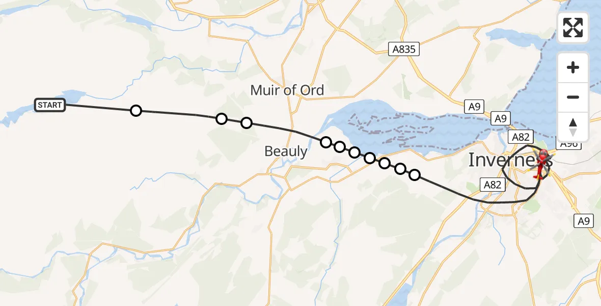 Flight path map showing Air Ambulance Helicopter route from Orrin Reservoir to Inverness