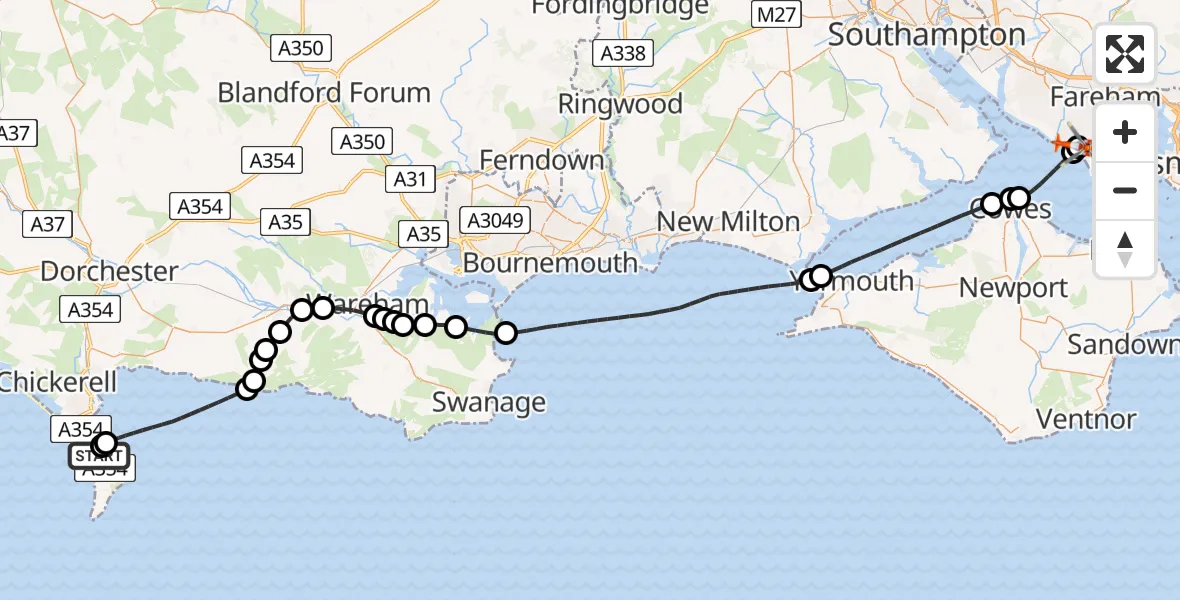 Flight path map showing Coastguard Helicopter route from RNAS Portland Heliport to Solent Airport