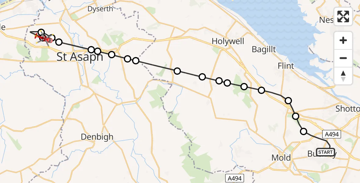 Flight path map showing Air Ambulance Helicopter route from Buckley to St Asaph
