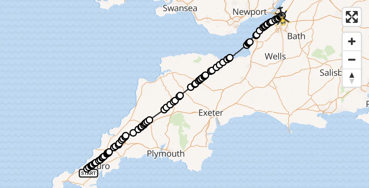 Flight path map showing Police Helicopter route from Lanner to Almondsbury Helicopter Base