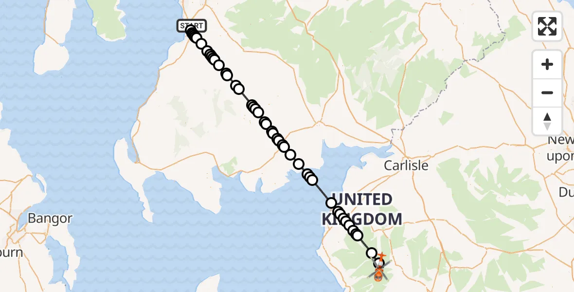 Flight path map showing Coastguard Helicopter route from Glasgow Prestwick Airport to Lakes