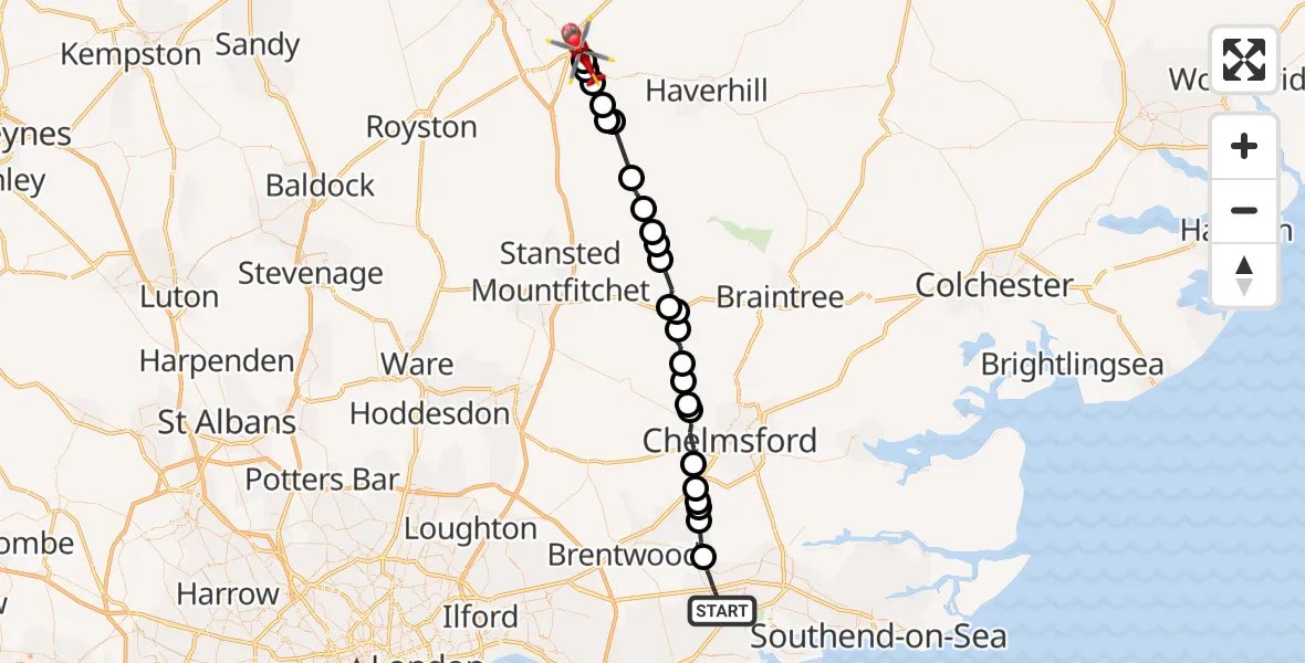 Flight path map showing Air Ambulance Helicopter route from Basildon to Great Abington