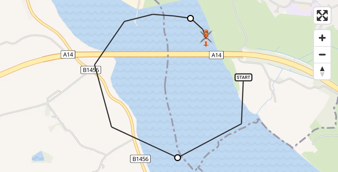 Flight path map showing Coastguard Helicopter route from Ipswich to Ipswich