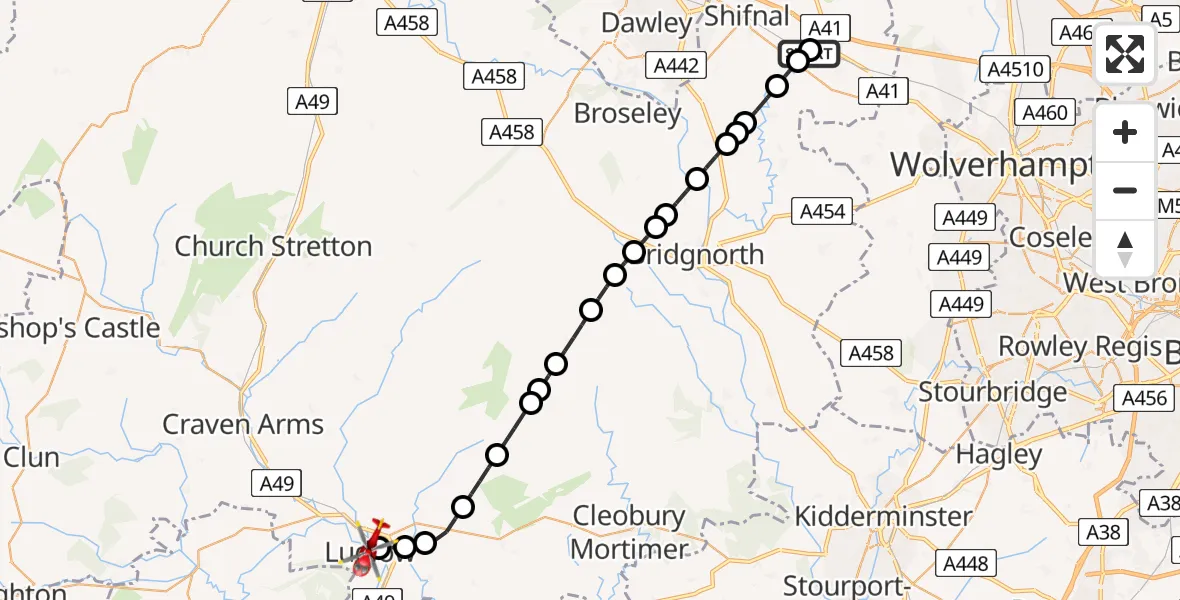 Flight path map showing Air Ambulance Helicopter route from RAF Cosford to Ludlow