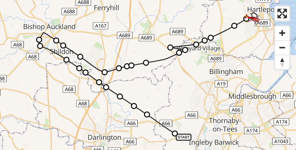 Flight path map showing Air Ambulance Helicopter route from Egglescliffe to Hartlepool
