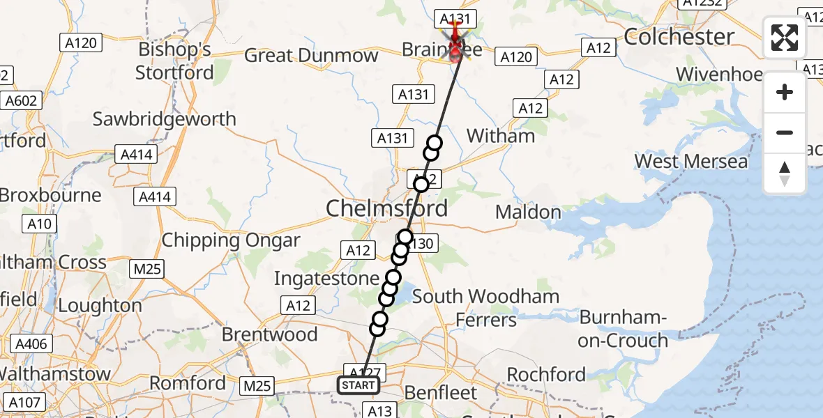 Flight path map showing Air Ambulance Helicopter route from Basildon to Braintree