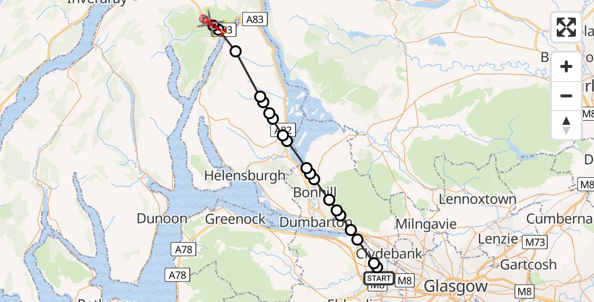 Flight path map showing Air Ambulance Helicopter route from Glasgow Airport to Argyll and Bute