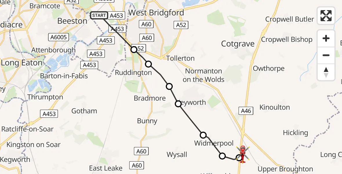 Flight path map showing Air Ambulance Helicopter route from City of Nottingham to Nottingham Heliport