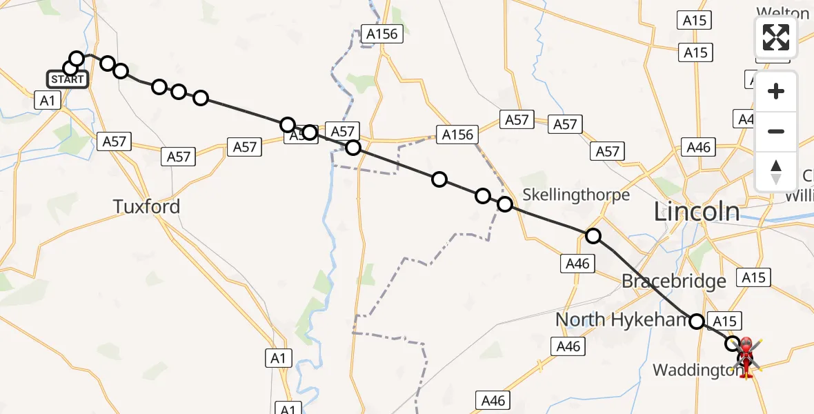 Flight path map showing Air Ambulance Helicopter route from Retford Gamston Airport to North Kesteven