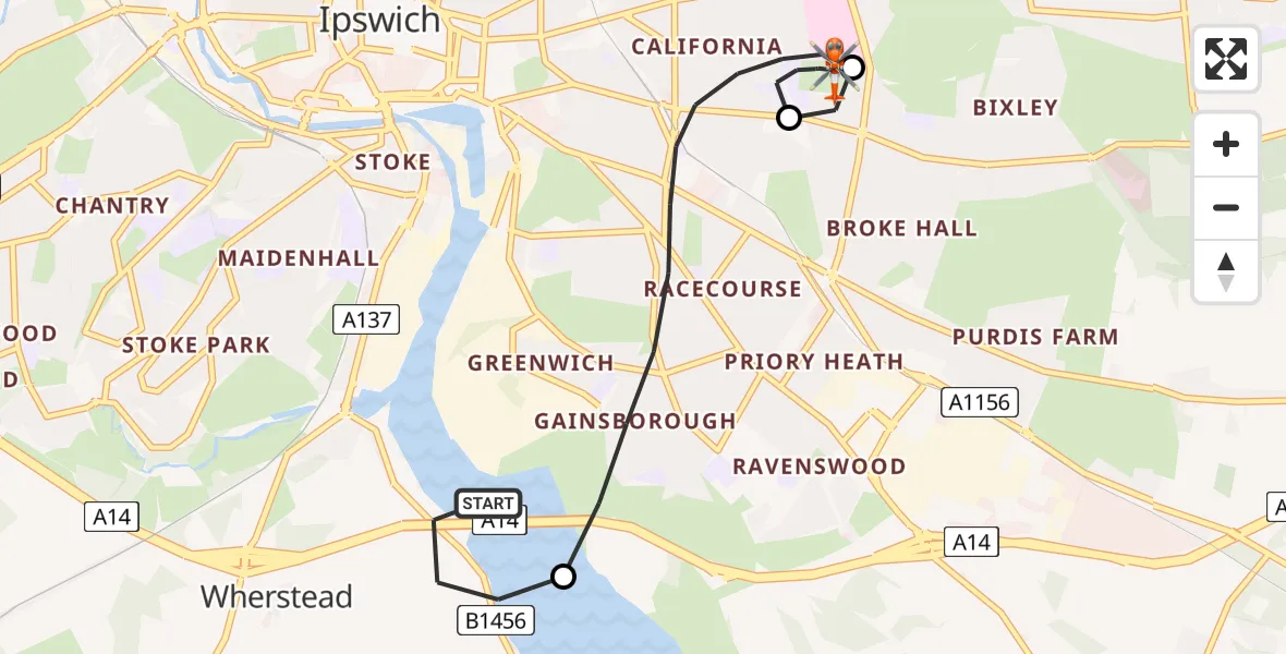Flight path map showing Coastguard Helicopter route from Wherstead to Rushmere St Andrew
