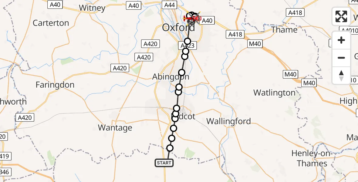Flight path map showing Air Ambulance Helicopter route from East Ilsley to Oxford