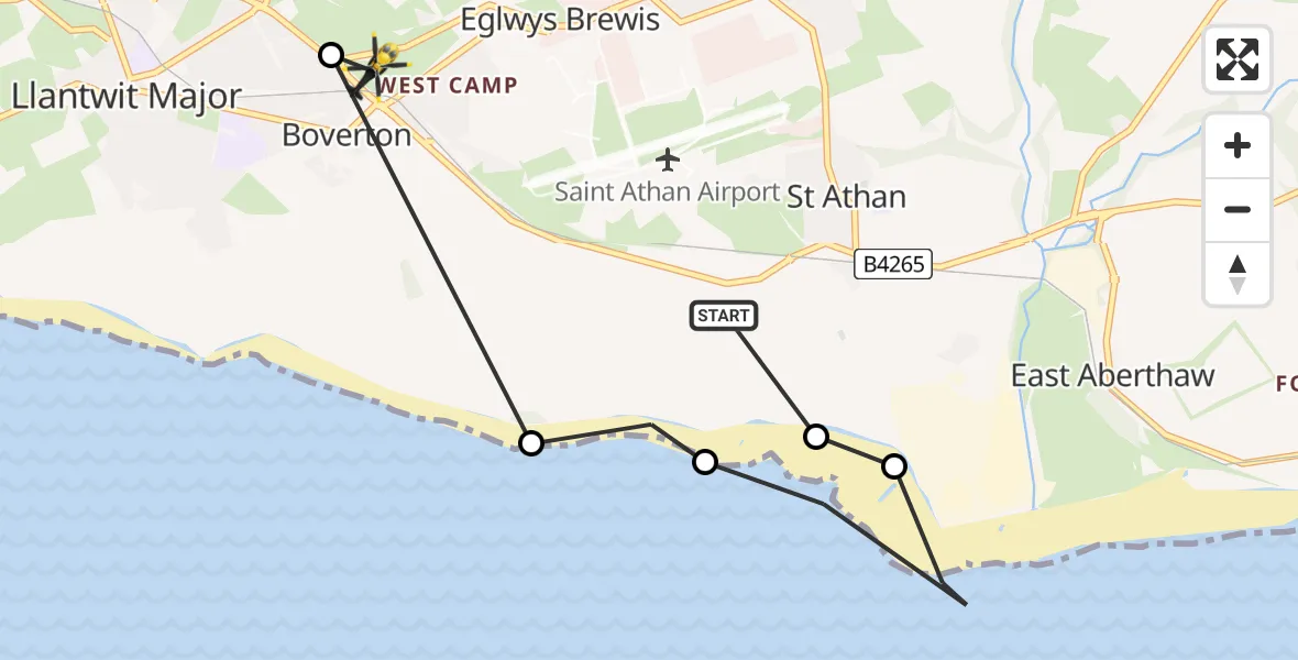 Flight path map showing Police Helicopter route from MOD St Athan to Boverton