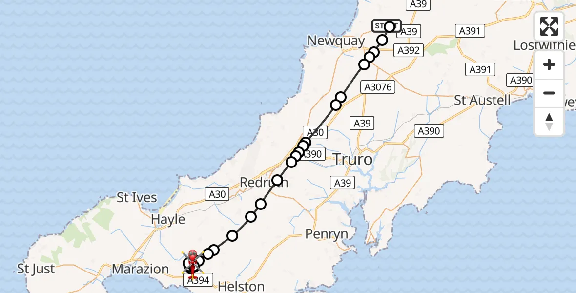Flight path map showing Air Ambulance Helicopter route from Cornwall Airport Newquay to Germoe