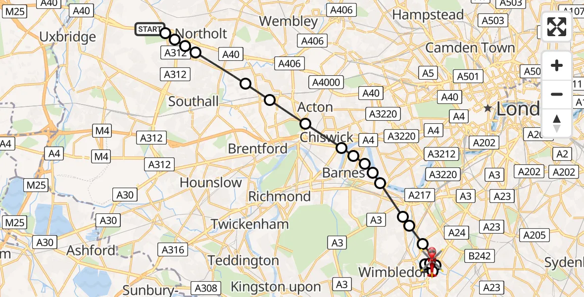 Flight path map showing Air Ambulance Helicopter route from RAF Northolt to St Georges Hospital