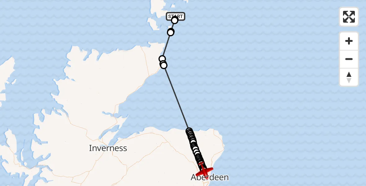 Flight path map showing Air Ambulance Aircraft route from Toab to Dyce and Stoneywood