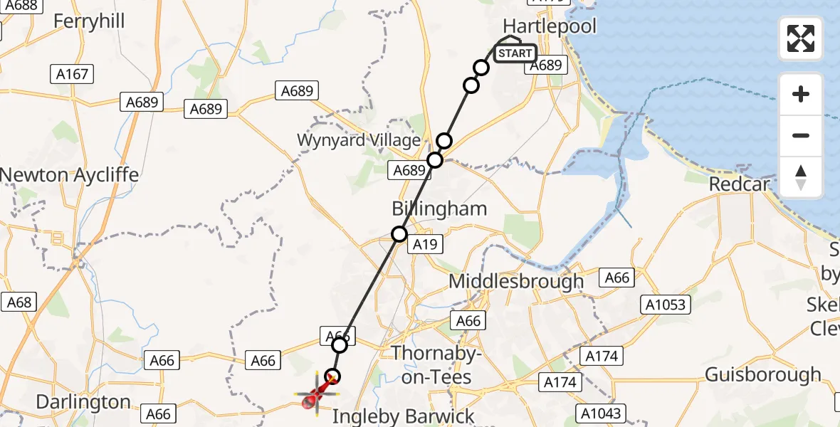 Flight path map showing Air Ambulance Helicopter route from Hartlepool to Elton