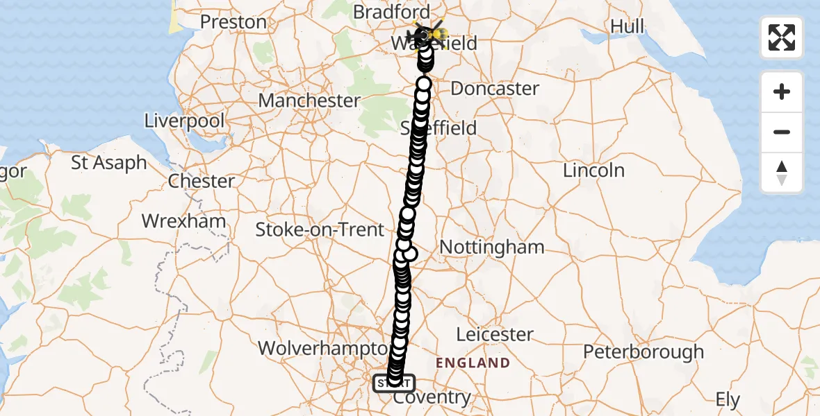 Flight path map showing Police Helicopter route from Birmingham Airport to Wrenthorpe
