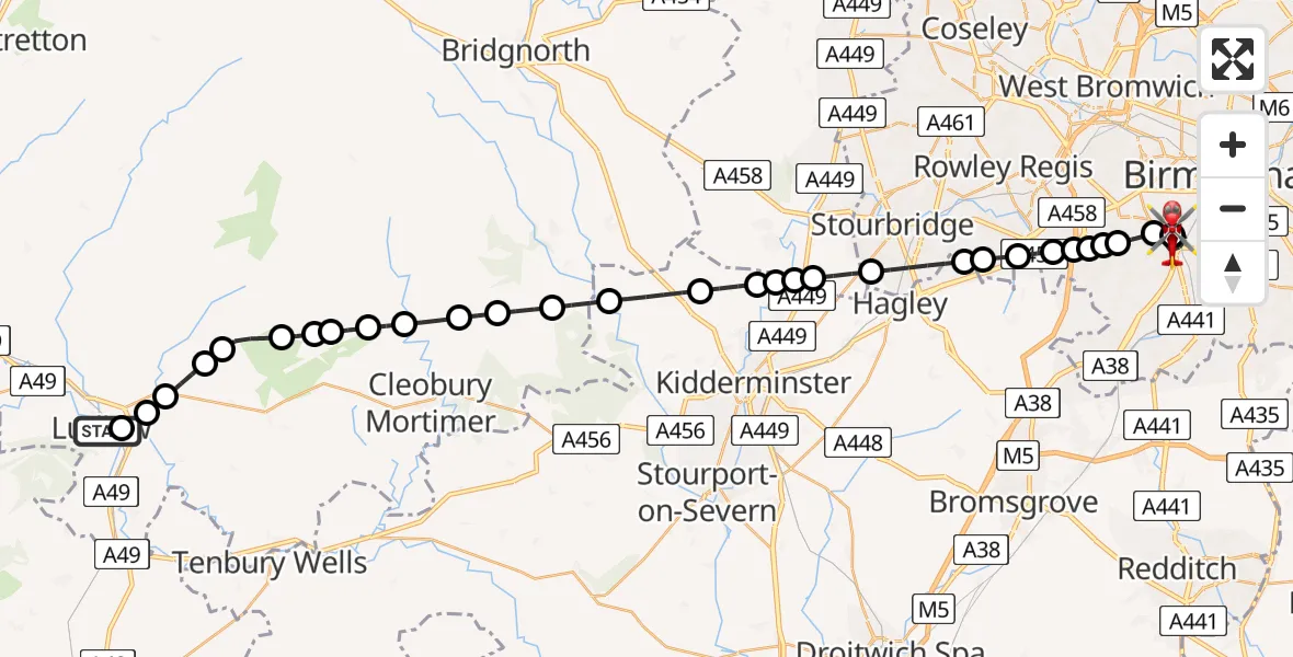 Flight path map showing Air Ambulance Helicopter route from Ludlow to Queen Elizabeth Hospital Helipad