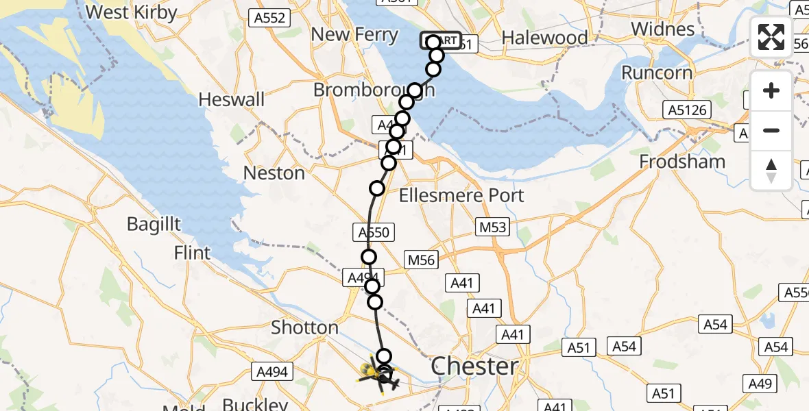 Flight path map showing Police Helicopter route from Grassendale to Hawarden Airport