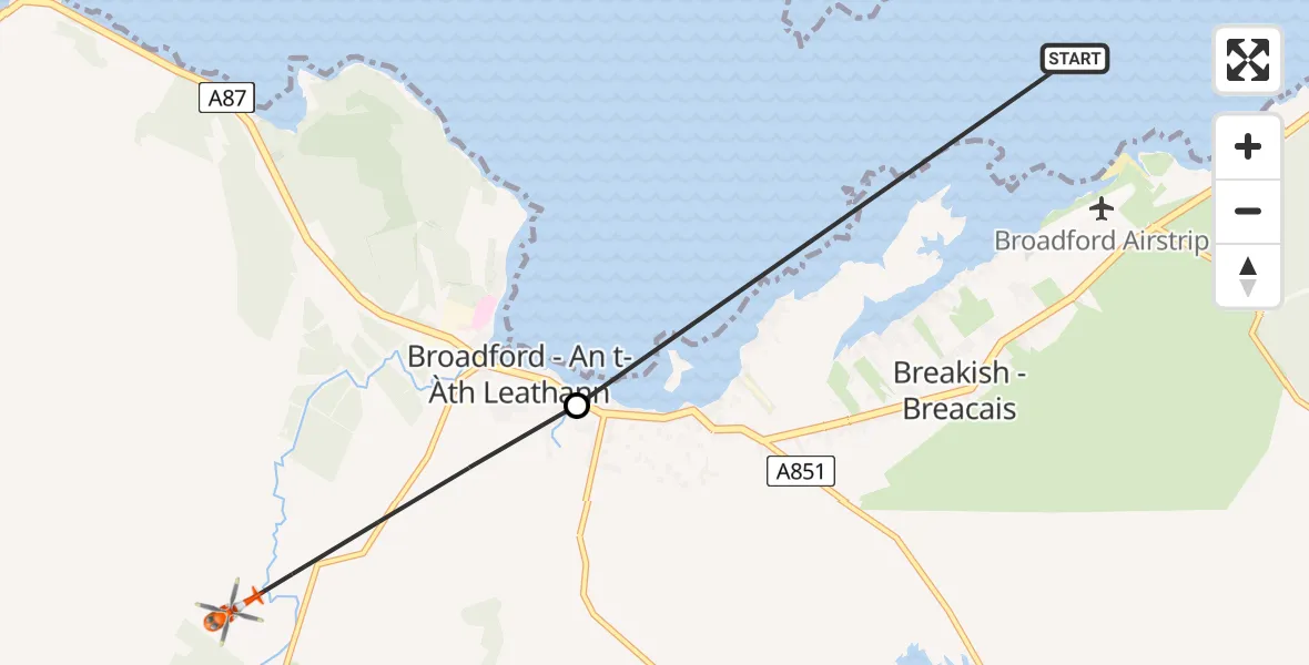 Flight path map showing Coastguard Helicopter route from Breakish - Breacais to Coire Beithe