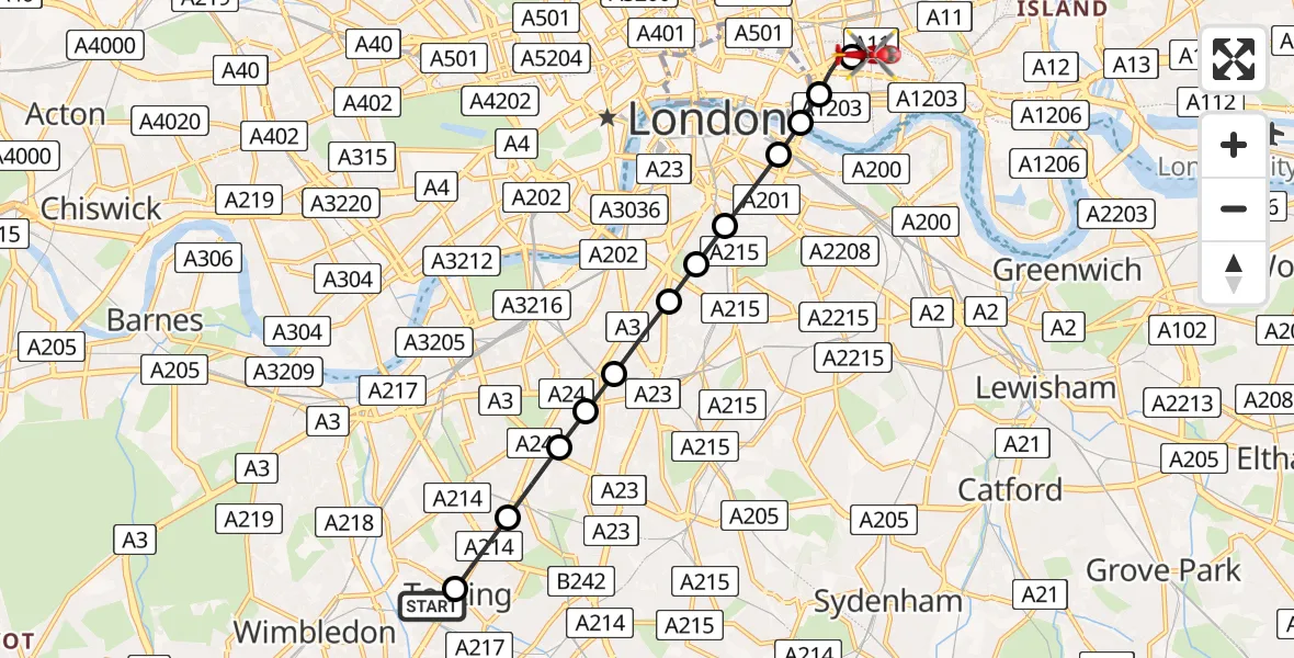 Flight path map showing Air Ambulance Helicopter route from St Georges Hospital to Royal London Hospital
