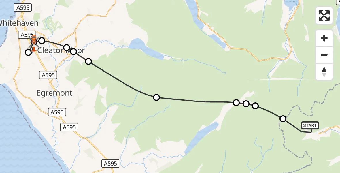 Flight path map showing Coastguard Helicopter route from Lakes to Whitehaven