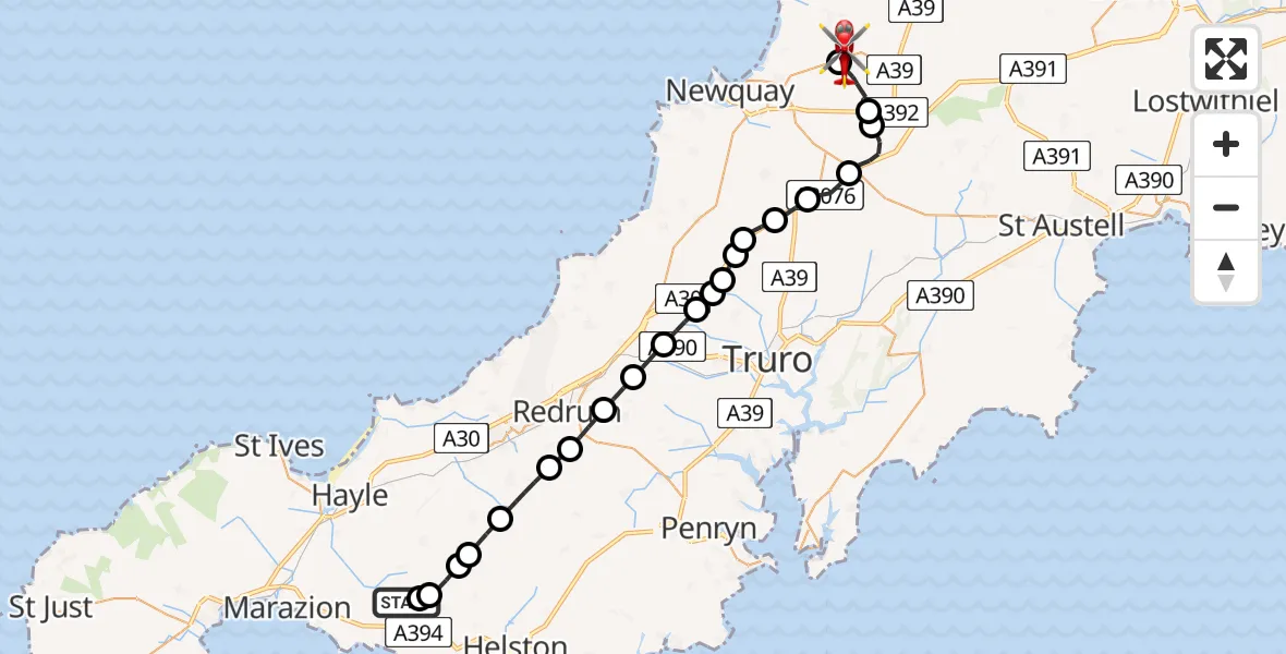 Flight path map showing Air Ambulance Helicopter route from Germoe to Cornwall Airport Newquay