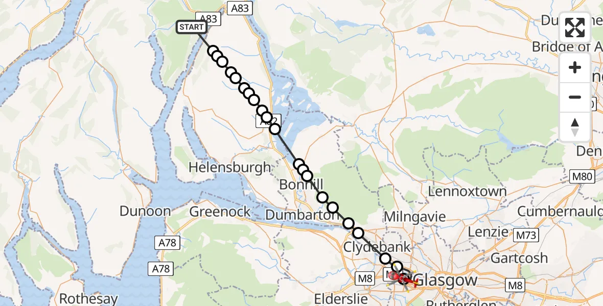 Flight path map showing Air Ambulance Helicopter route from Argyll and Bute to Queen Elizabeth Hospital