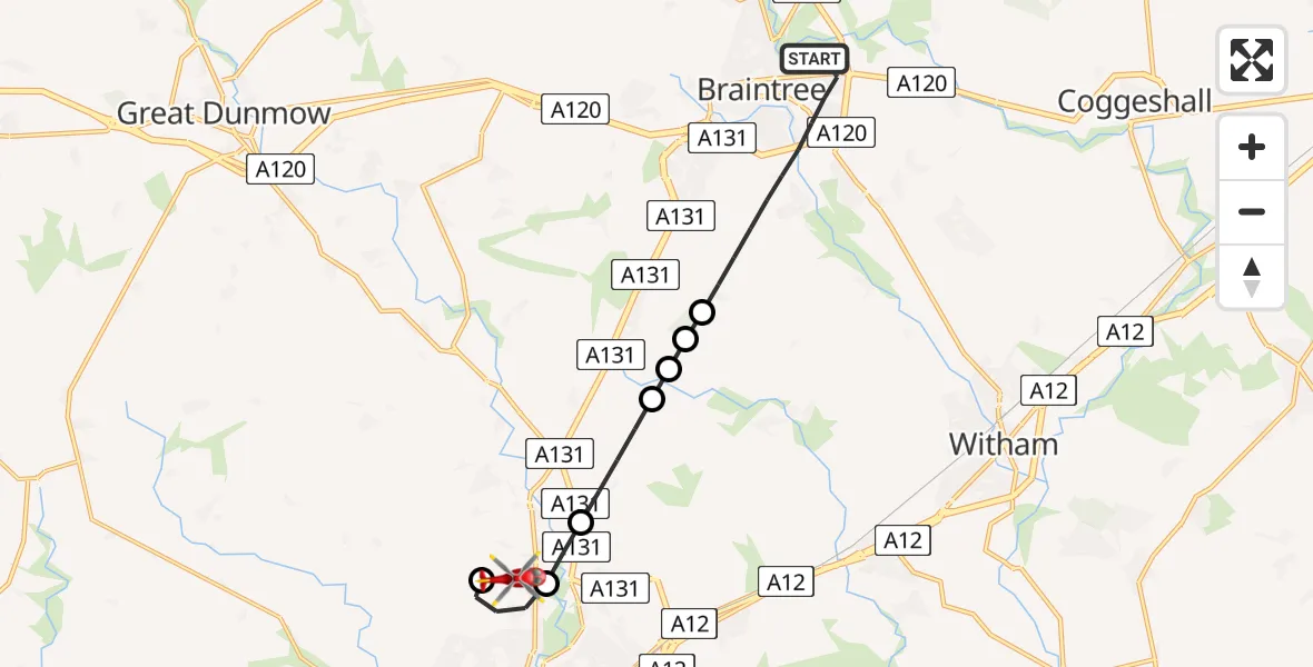 Flight path map showing Air Ambulance Helicopter route from Braintree to Chelmsford