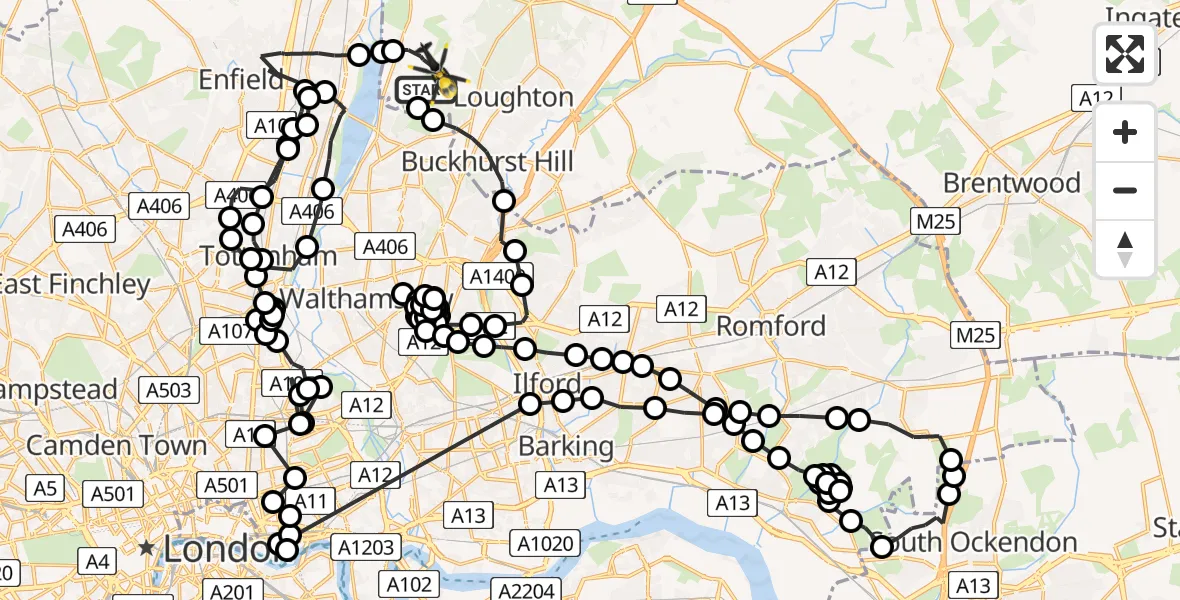 Flight path map showing Police Helicopter route from Sewardstonebury to Metropolitan Police Air Support Unit Lippitts Hill
