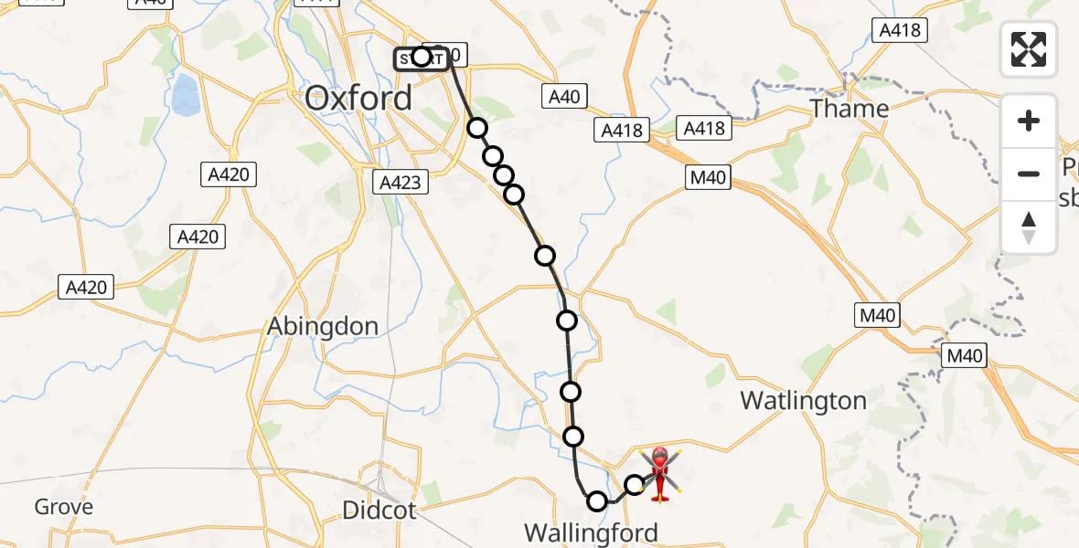Flight path map showing Air Ambulance Helicopter route from John Radcliffe Hospital to RAF Benson