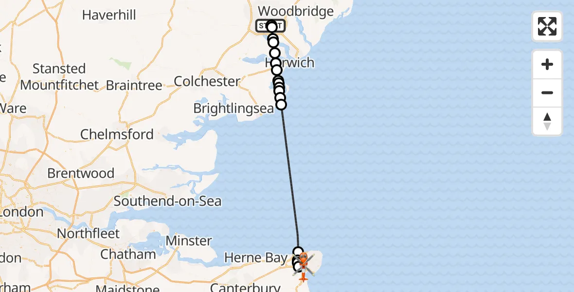 Flight path map showing Coastguard Helicopter route from Ipswich Hospital to Manston Airport