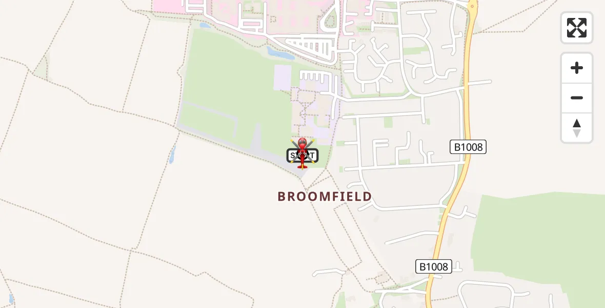 Flight path map showing Air Ambulance Helicopter route from Broomfield Hospital to Chelmsford