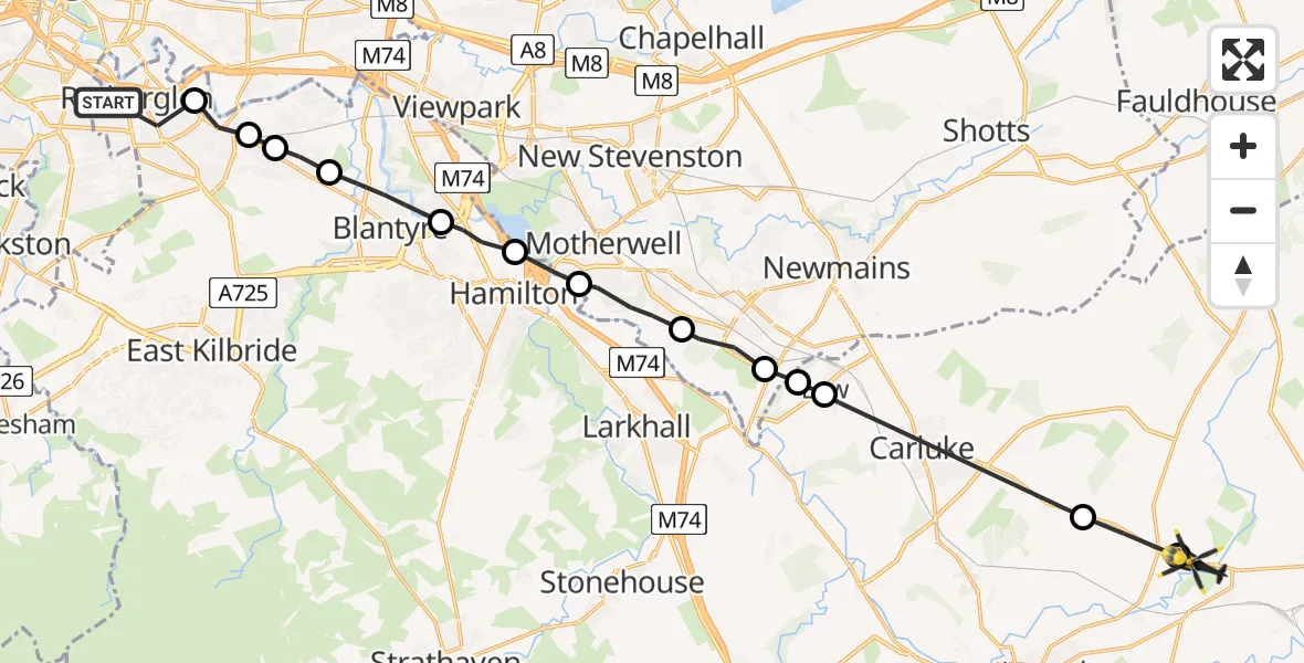 Flight path map showing Police Helicopter route from Rutherglen to Cleghorn