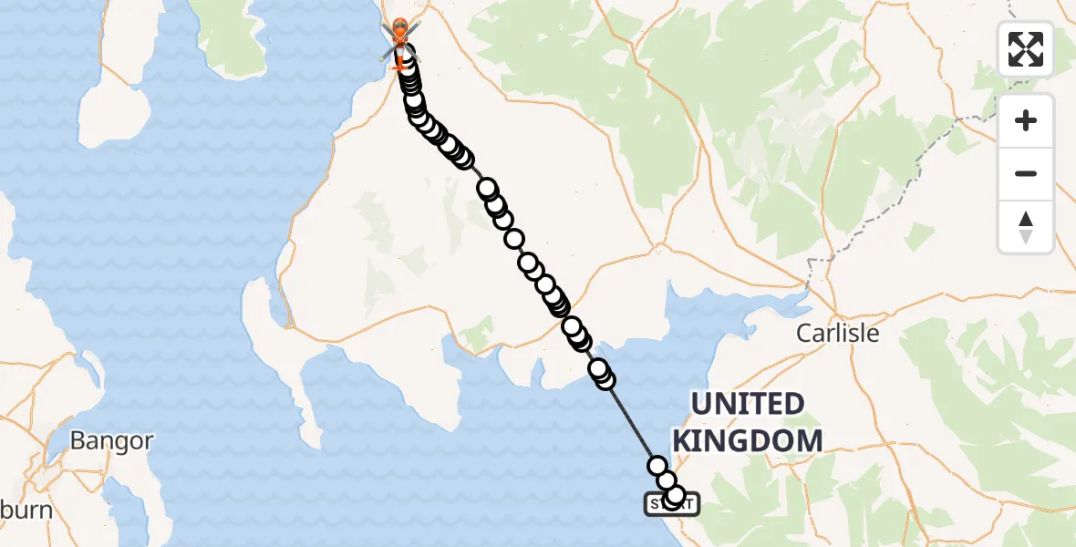 Flight path map showing Coastguard Helicopter route from Whitehaven General to Glasgow Prestwick Airport